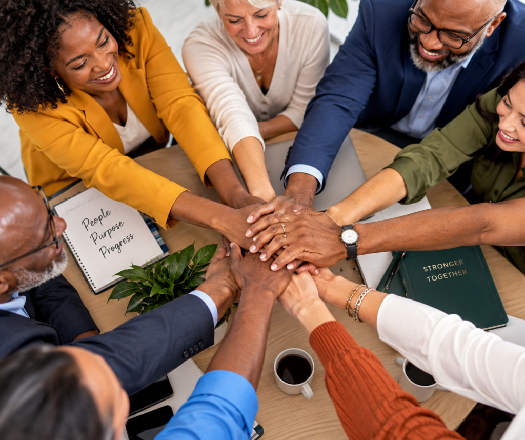 Diverse professionals collaborating during a workplace training and consulting session