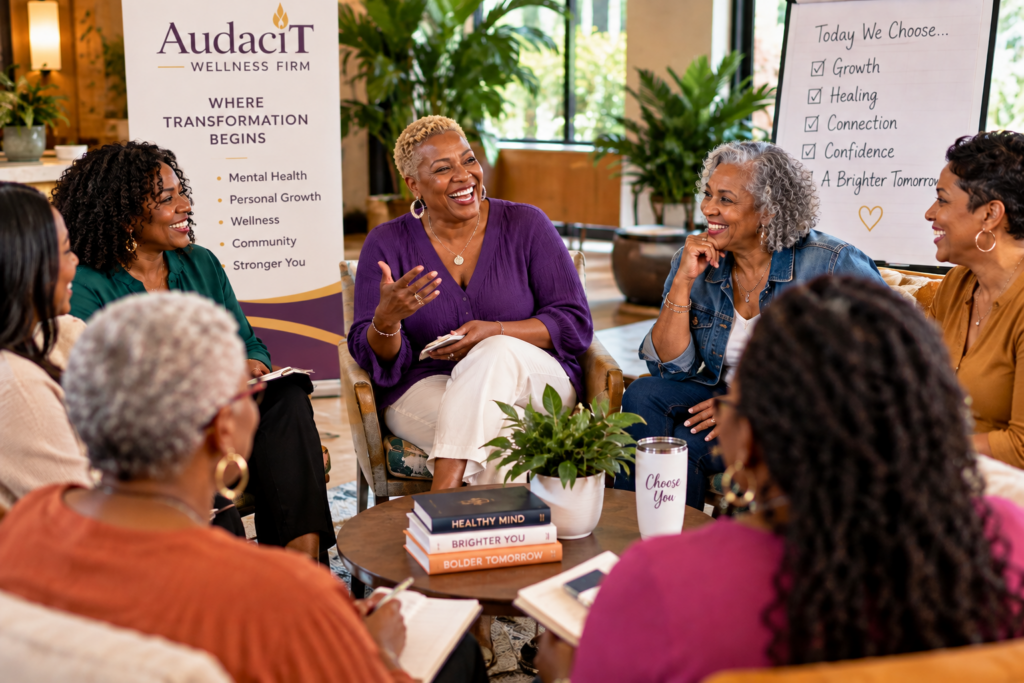 Women participating in an engaging wellness workshops focused on personal growth and connection